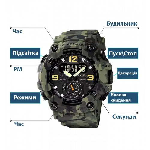 Чоловічий наручний годинник спортивний Skmei 1637 водонепроникні Камуфляж Чоловічий наручний годинник спортивний Skmei 1637 водонепроникні Камуфляж