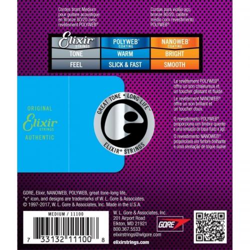 Струни для акустичної гітари 6 шт Elixir 11100 Polyweb 80/20 Bronze Acoustic Medium 13/56 Струни для акустичної гітари 6 шт Elixir 11100 Polyweb 80/20 Bronze Acoustic Medium 13/56