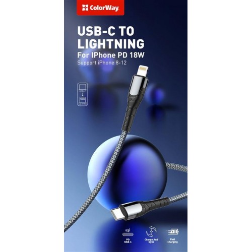 Кабель ColorWay USB Type-C-Lightning, PD Fast Charging, 3.0А, 2м, Grey (CW-CBPDCL036-GR)