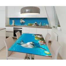 Наклейка 3Д вінілова на стіл Zatarga «Посмішки дельфінів» 600х1200 мм для будинків, квартир, столів, кав'ярень.
