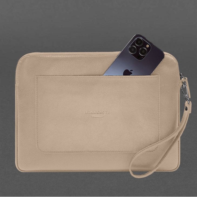 Шкіряний чохол для ноутбука на блискавці з кишенею та хлястиком на руку Світло-бежевий BlankNote