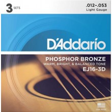 Струни для акустичної гітари 3 Sets D'Addario EJ16 3-D Phosphor Bronze Light Acoustic Guitar Strings 12/53