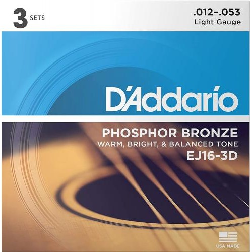 Струни для акустичної гітари 3 Sets D'Addario EJ16 3-D Phosphor Bronze Light Acoustic Guitar Strings 12/53 Струни для акустичної гітари 3 Sets D'Addario EJ16 3-D Phosphor Bronze Light Acoustic Guitar Strings 12/53