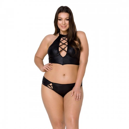 Комплект з екошкіри Passion Nancy Bikini 6XL/7XL black, бра та трусики з імітацією шнурівки в інтернет супермаркеті PbayMarket!