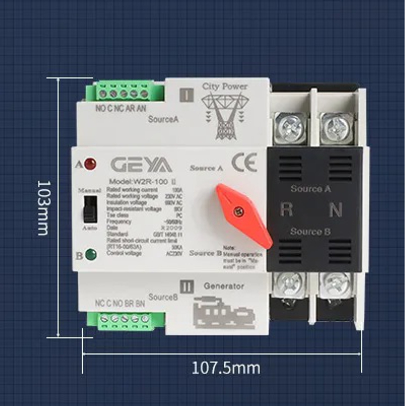 Автомат введення резерву з ручним перемиканням Geya W2R-2P-63, 2 полюси, 63 Ампера, DIN (Товар з дефектом)