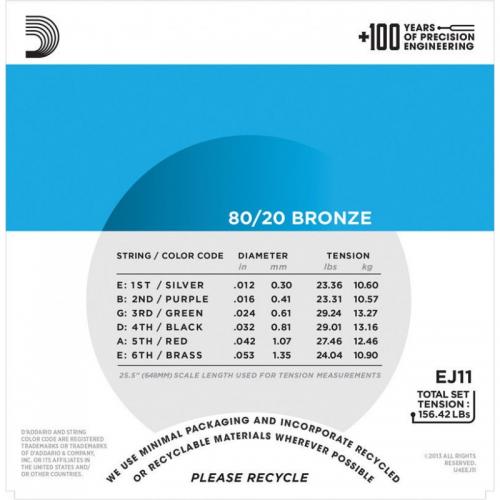 Струни для акустичної гітари 6 шт D'Addario EJ11 80/20 Bronze Light Acoustic Guitar Strings 12/53 Струни для акустичної гітари 6 шт D'Addario EJ11 80/20 Bronze Light Acoustic Guitar Strings 12/53