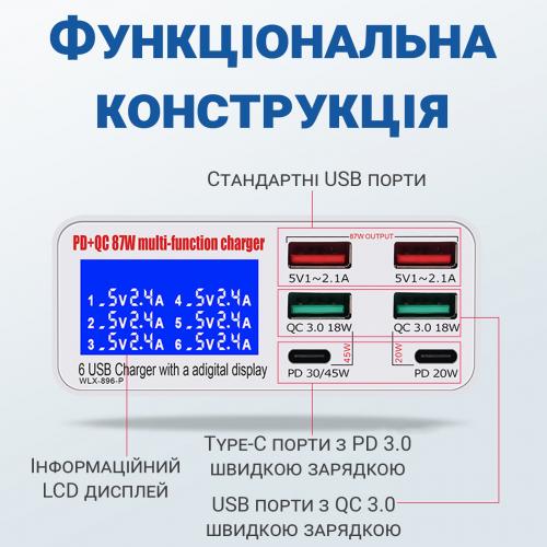 Зарядна станція з дисплеєм на 6 портів Addap MCS-896P, мультизарядний пристрій з 4×USB-A та 2×Type-C портами, 87W, Біла (0234) в інтернет супермаркеті PbayMarket!