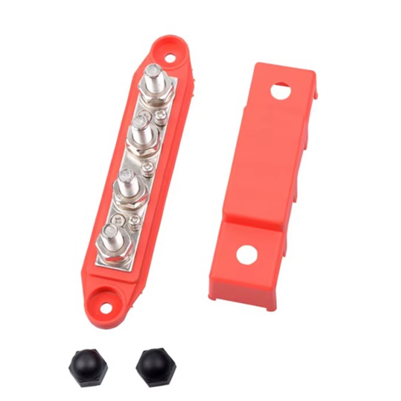 Розподільний блок з шиною Bus Bar з 4-ма шпильками М8 для з'єднання кабелів 12-48V DC, до 250A (червоний)