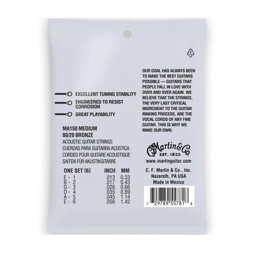 Струни для акустичної гітари 6 шт Martin MA150 80/20 Bronze Medium Acoustic Guitar Strings 13/56 Струни для акустичної гітари 6 шт Martin MA150 80/20 Bronze Medium Acoustic Guitar Strings 13/56