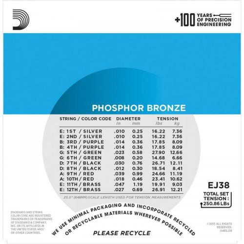 Струни для акустичної гітари D'Addario EJ38 Phosphor Bronze Extra Light Acoustic Guitar 12-Strings 10/47 Струни для акустичної гітари D'Addario EJ38 Phosphor Bronze Extra Light Acoustic Guitar 12-Strings 10/47