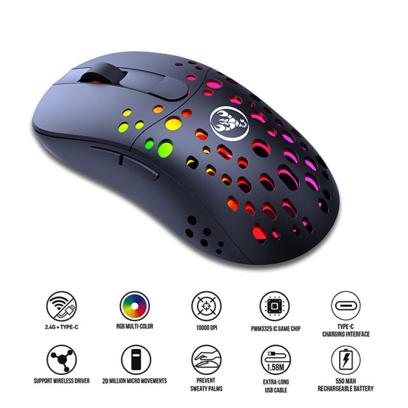 Миша бездротова ігрова з акумулятором та підсвічуванням 2.4 gHz HYSJ Т100 E-Sports Black