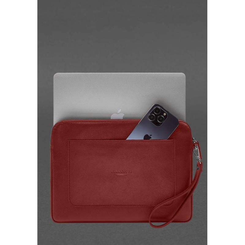 Шкіряний чохол для ноутбука на блискавці з кишенею та хлястиком на руку Червоний BlankNote