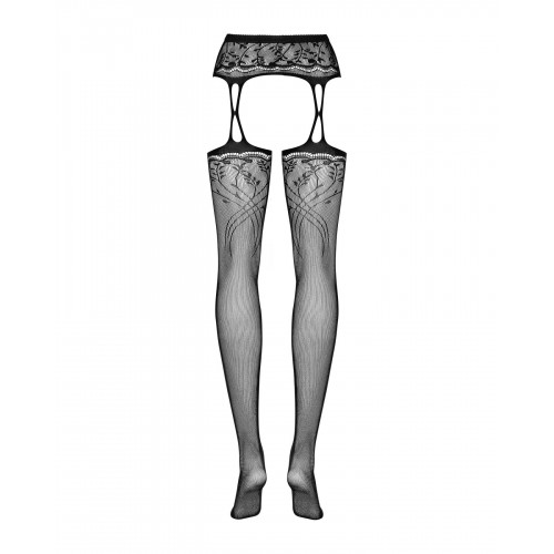 Панчохи-стокінги з рослинним малюнком Obsessive Garter stockings S206 black S/M/L чорні, імітація га в інтернет супермаркеті PbayMarket!