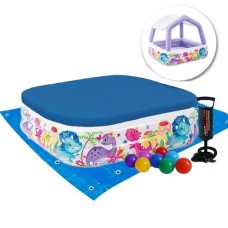 Дитячий надувний басейн Intex 57470-3 «Океан» зі знімним навісом, бузковий, 157 х 157 х 122 (24) см, з кульками 10 шт, тентом, підстилкою та насосом.