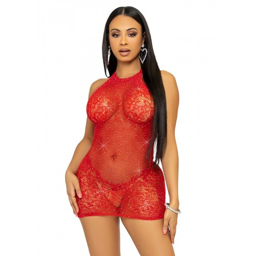 Сукня-сітка зі стразами Leg Avenue Rhinestone halter mini dress Red, відкрита спина, one size в інтернет супермаркеті PbayMarket!