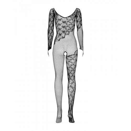 Бодістокінг Obsessive Bodystocking F210 S/M/L black, рукава-мітенки, сітка, кольорове мереживо