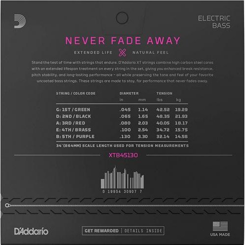 Струни для бас-гітари D'Addario XTB45130 XT Bass Regular Light 5-Strings 45/130 Струни для бас-гітари D'Addario XTB45130 XT Bass Regular Light 5-Strings 45/130