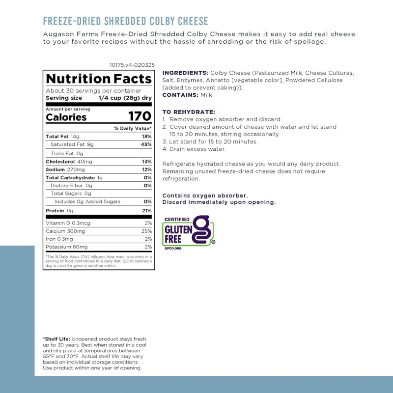 Тертий сир колбі з великим терміном придатності 30 років Augason Farms, сублімований, 30 порцій