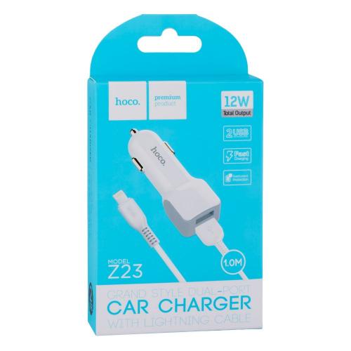 Авто зарядний пристрій Hoco Z23 2USB Lightning колір Білий Авто зарядний пристрій Hoco Z23 2USB Lightning колір Білий