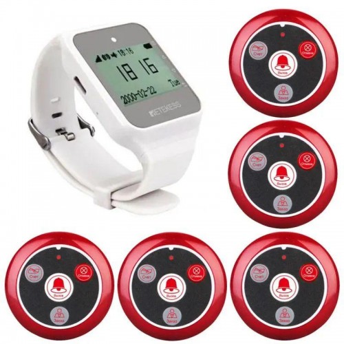 Система виклику офіціанта бездротова з білим годинником - пейджером Retekess TD109 + 5 червоних кнопок (з кнопкою ЗАМОВЛЕННЯ) (100767) в інтернет супермаркеті PbayMarket!