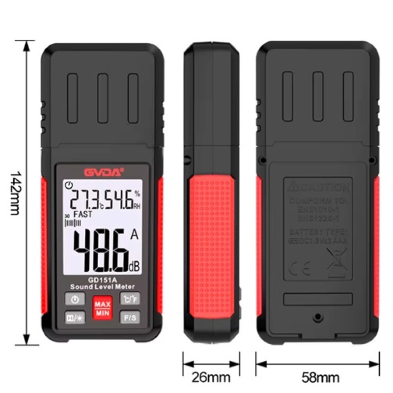 Шумомір цифровий професійний з датчиком вологості та температури GVDA GD-151B