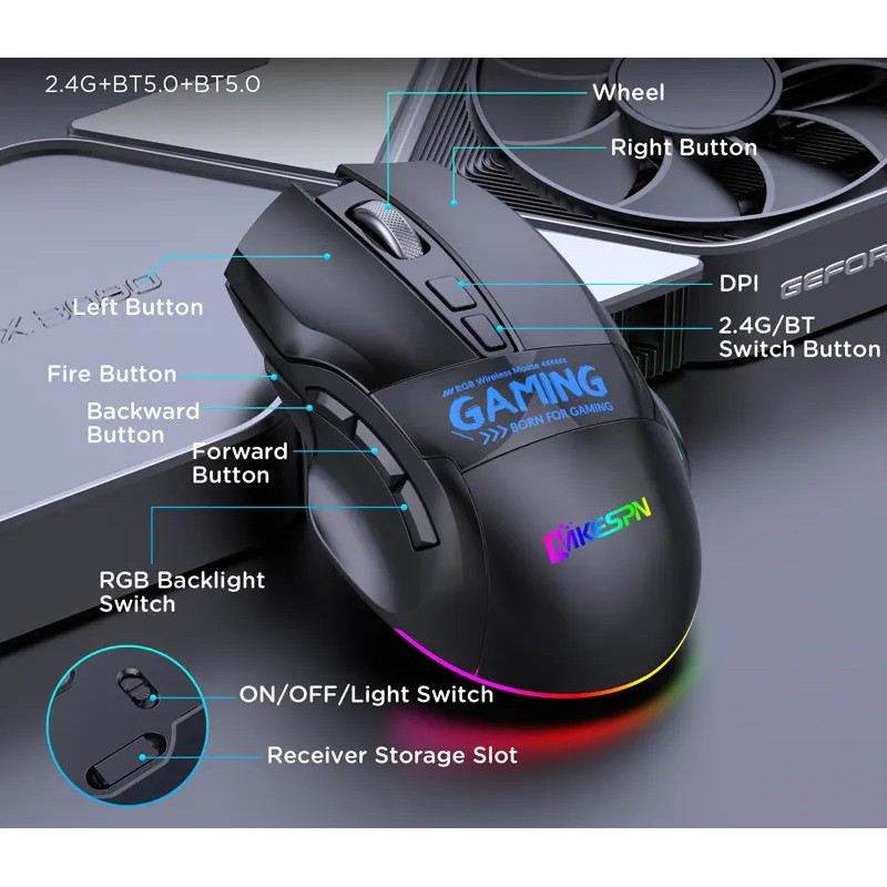 Миша бездротова ігрова Union MiKESPN W10 з акумулятором та підсвічуванням 2.4 gHz+Bluetooth