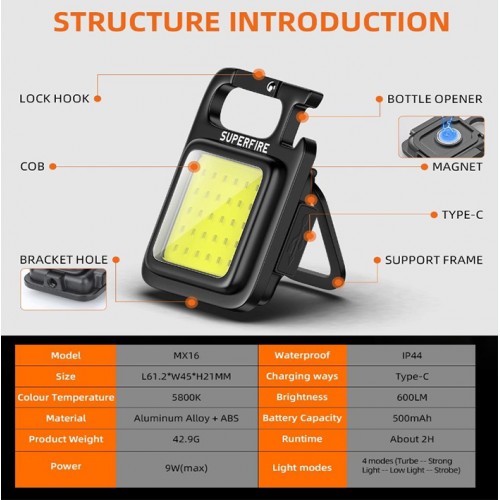 Ліхтар міні-універсальний акумуляторний SuperFire MX16 600 Lumen IP44 Black