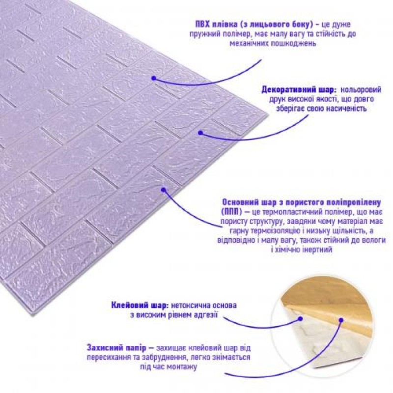 Самоклеюча 3D панель під світло-фіолетову цеглу Sticker Wall 3080х700х3мм