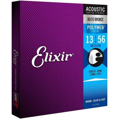 Струни для акустичної гітари 6 шт Elixir 11100 Polyweb 80/20 Bronze Acoustic Medium 13/56 Струни для акустичної гітари 6 шт Elixir 11100 Polyweb 80/20 Bronze Acoustic Medium 13/56