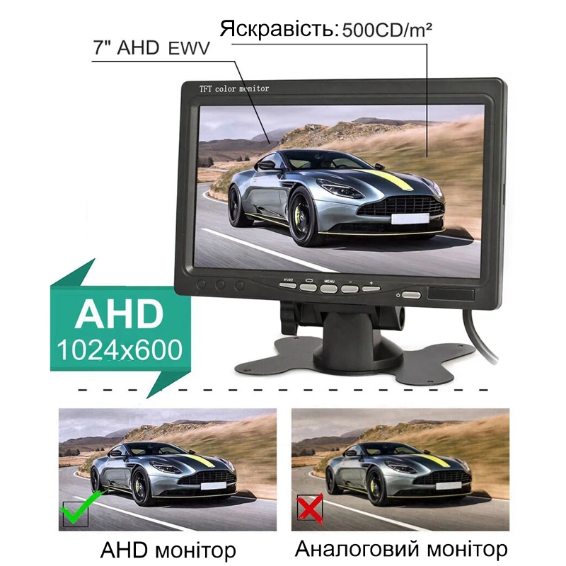 AHD монітор автомобільний 7 дюймів з підтримкою AHD камер до 2 Мп Podofo AHD-726