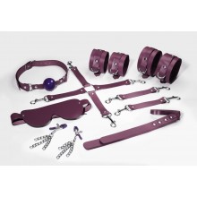 Набір Feral Feelings BDSM Kit 7 Burgundy, наручники, поножі, конектор, маска, падл, кляп, затискачі