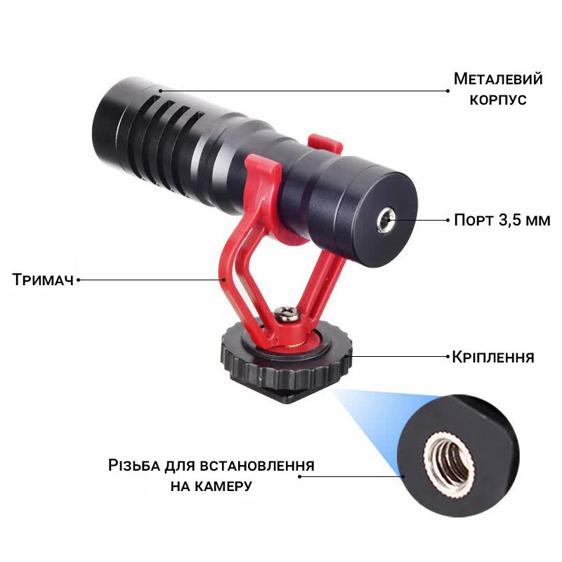 Направлений мікрофон для телефону, камери, фотоаппарату Savetek М100, кардіоїдний, з вітрозахистом