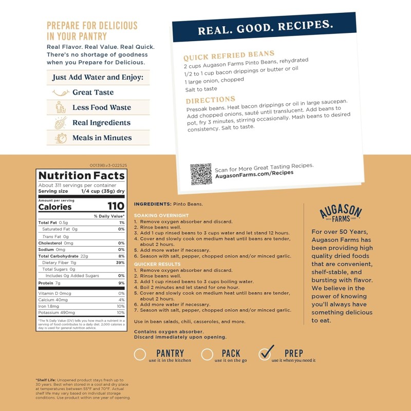 Сублімована квасоля Пінто з великим терміном придатності до 30 років Augason farms, 311 порцій