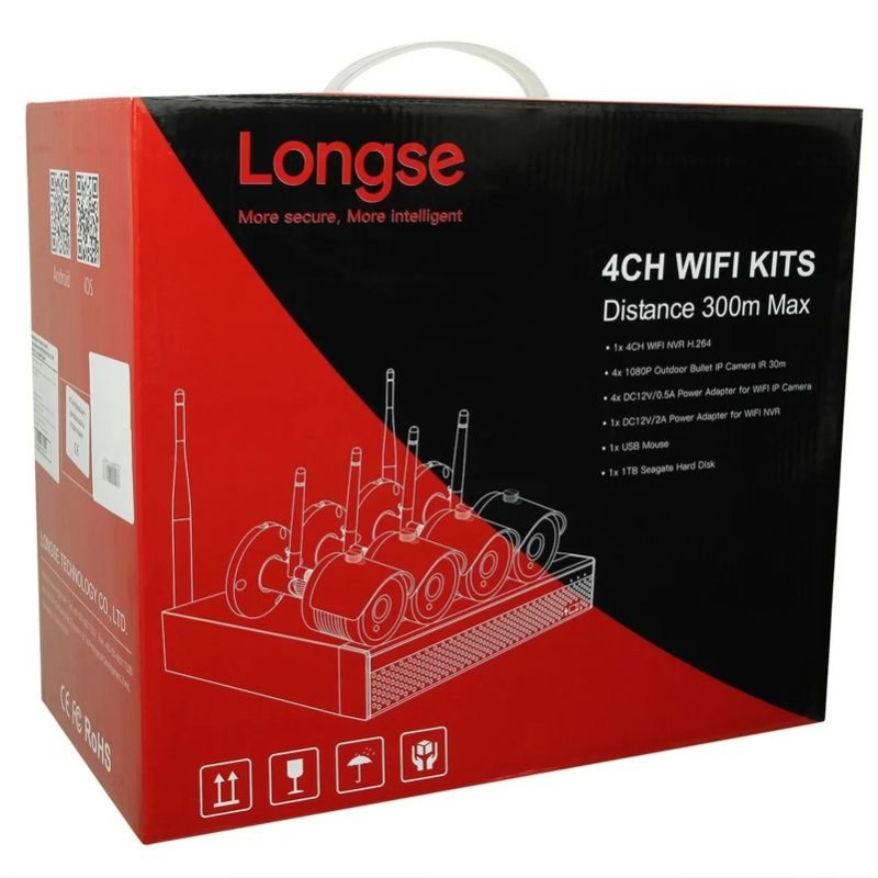 Комплект відеоспостереження бездротовий на 4 камери Longse WIFI 3604 - 2MP Kit 4, 300 метрів, 2 Мп, FullHD 1080p