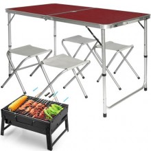 Розкладний стіл із парасолькою Easy Campi 1.8 м для пікніка зі стільцями у валізі Коричневий+Мангал