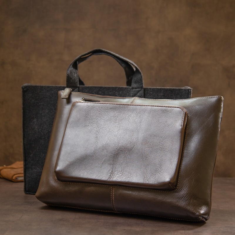 Шкіряна чоловіча прямокутна сумка для ноутбука GRANDE PELLE 11438 Коричневий