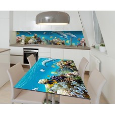Наклейка 3Д вінілова на стіл Zatarga «Добрі дельфіни» 650х1200 мм для будинків, квартир, столів, кав'ярень