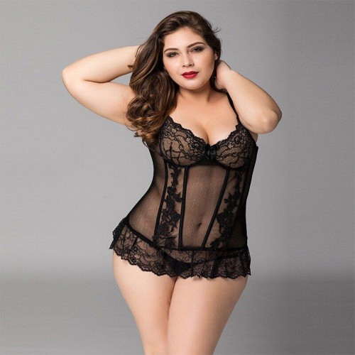 Мереживний корсет JSY «Сексуальна Белла» Plus Size Black, дрібна сітка, гіпюр, чашки з кісточками в інтернет супермаркеті PbayMarket!