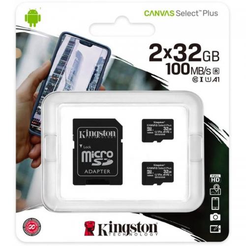 Карта пам'яті MicroSDHC 2x32GB UHS-I Class 10 Kingston Canvas Select Plus R100MB/s + SD-адаптер (SDCS2/32GB-2P1A)