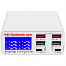 Зарядна станція з дисплеєм на 6 портів Addap MCS-896P, мультизарядний пристрій з 4×USB-A та 2×Type-C портами, 87W, Біла (0234)