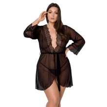 Пеньюар Passion Amberly Peignoir 4XL/5XL black, ажурні декольте та манжети, широкі рукави