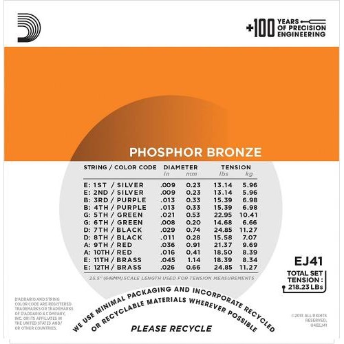 Струни для акустичної гітари D'Addario EJ41 Phosphor Bronze Extra Light Acoustic Guitar 12-Strings 9/45 Струни для акустичної гітари D'Addario EJ41 Phosphor Bronze Extra Light Acoustic Guitar 12-Strings 9/45