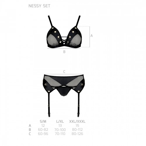 Комплект білизни Passion NESSY SET L/XL black, бюстгальтер, пояс для панчіх, стрінги в інтернет супермаркеті PbayMarket!