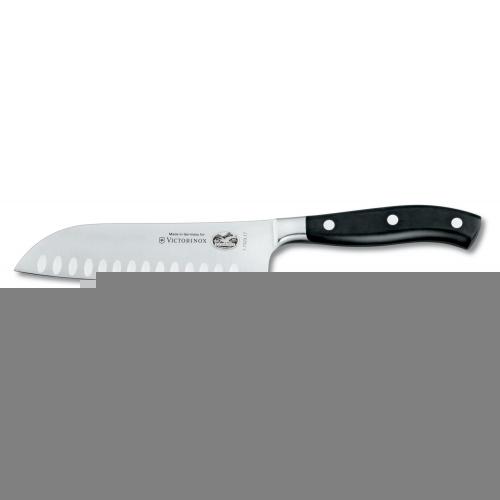 Кухонний кований ніж Victorinox Santoku Grand Maitre з повітряними кишенями 170 мм у подарунковій коробці Чорний (7.7323.17G) Кухонний кований ніж Victorinox Santoku Grand Maitre з повітряними кишенями 170 мм у подарунковій коробці Чорний (7.7323.17G)