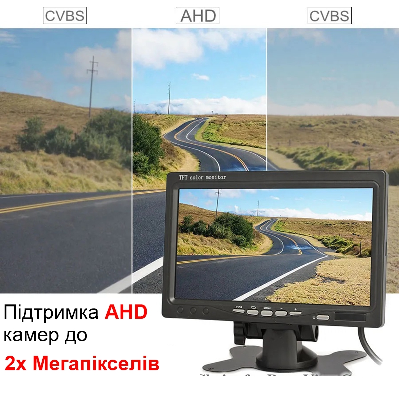 AHD монітор автомобільний 7 дюймів з підтримкою AHD камер до 2 Мп Podofo AHD-726