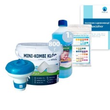 Набір для щоденної дезінфекції «Аква Догляд»  InPool 80505 (MINI хлор 800 г, MINI поплавець,  альгенікс 1 л, тести). Засоби для об'єму 1 ÷ 5 м³