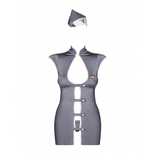Еротичний костюм стюардеси Obsessive Stewardess 3 pcs costume grey L/XL, сірий, сукня, стрінги, піло