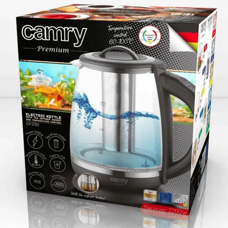 Електрочайник із заварником і терморегулятором 2 л Camry CR-1290 Black