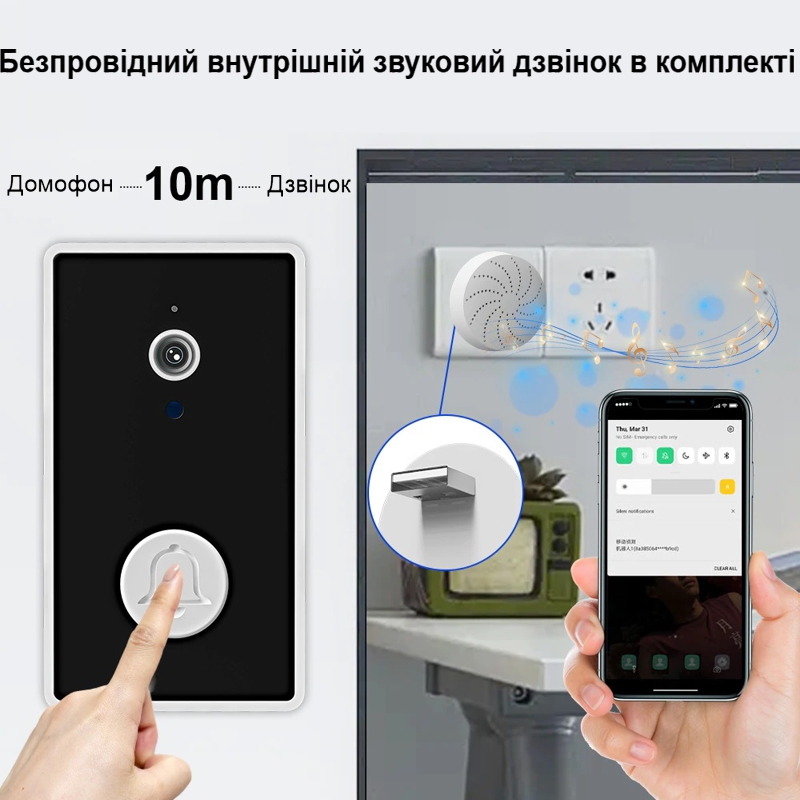Відеодомофон Wifi на батарейках ААА з окремим бездротовим USB дзвінком Nectronix YE-B-01