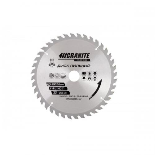 Диск пильний GRANITE для дерева з твердосплавними напайками 250х32х40Т адаптер 32-30/32-25.4 6100 об/хв 5-25-040